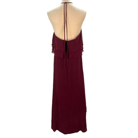 Reverie Burgundy Halter Maxi Dress Size 12 Double Tier Ruffle Overlay Open Back - Picture 3 of 10